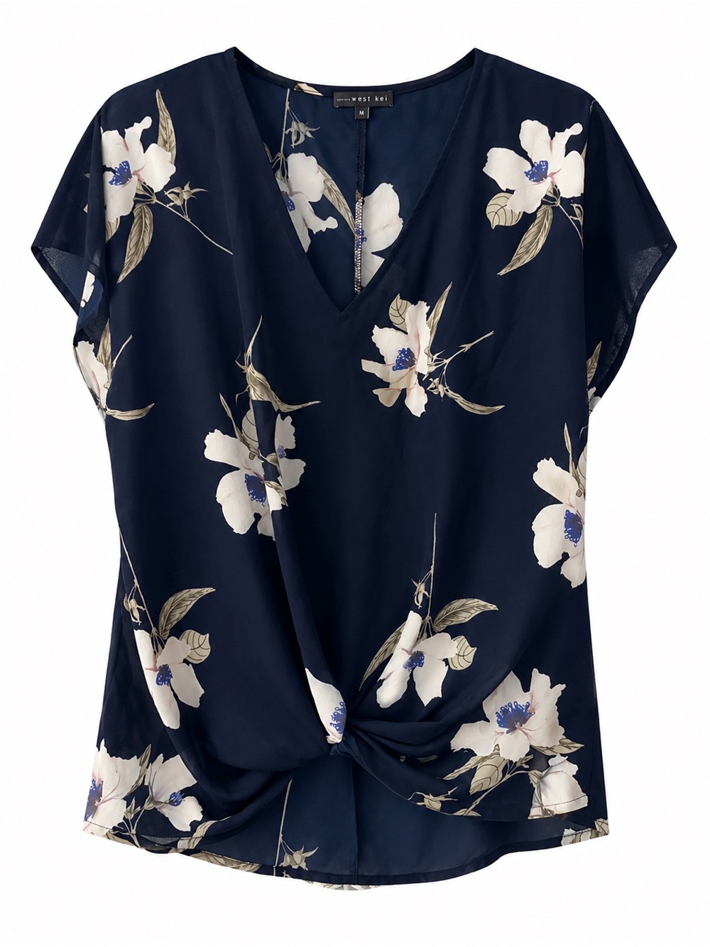 West Kei Navy Floral V-Neck Twist-Front Blouse